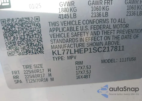 2025 Chevrolet Trax Fwd Lt из США, поврежденный, VIN KL77LHEP1SC217811